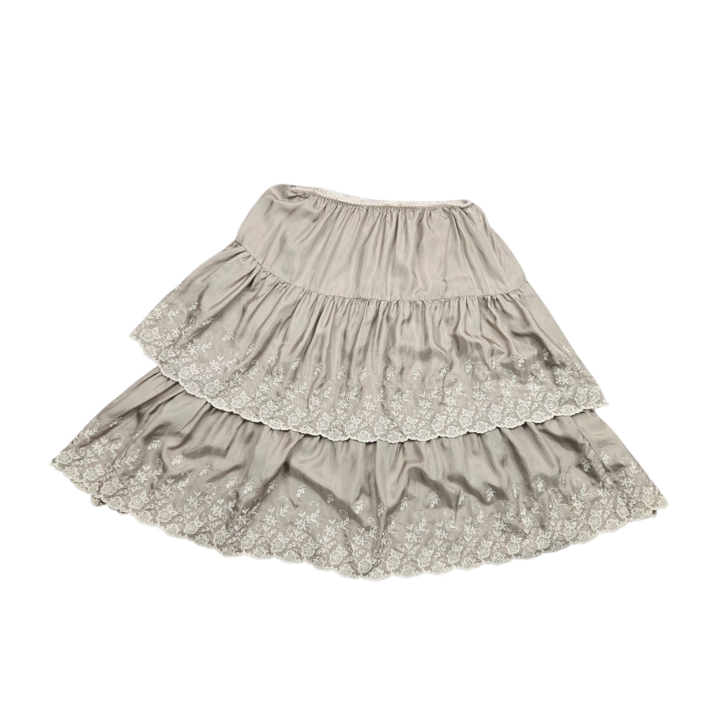 Gold Hawk Silk Tiered Midi Skirt Taupe Embroidered Flowy M Boho Romantic